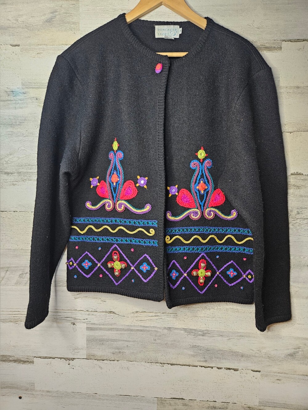 Whimsical Bohemian 100% Wool Embroidered Cardigan Sweater Women's Black Medium